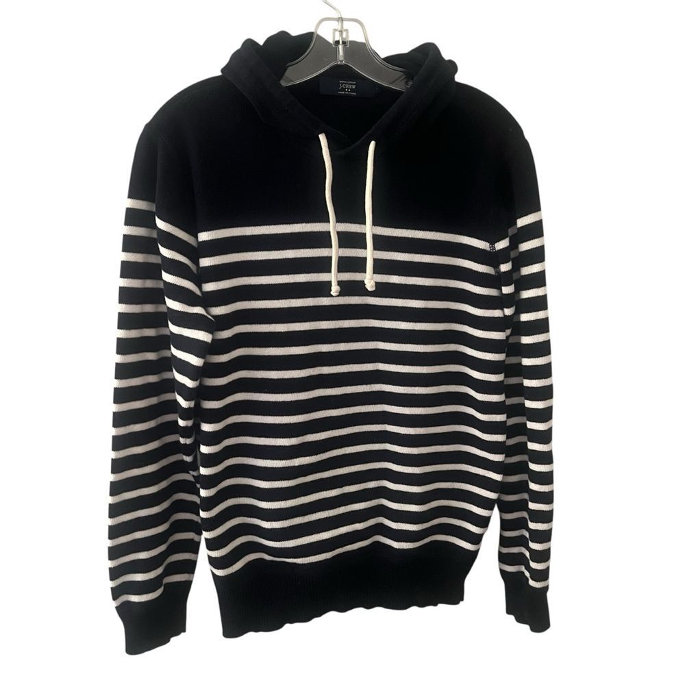 J. Crew  Hooded Hoodie Sweater Cotton Navy Blue White Stripe L Coastal Nautical